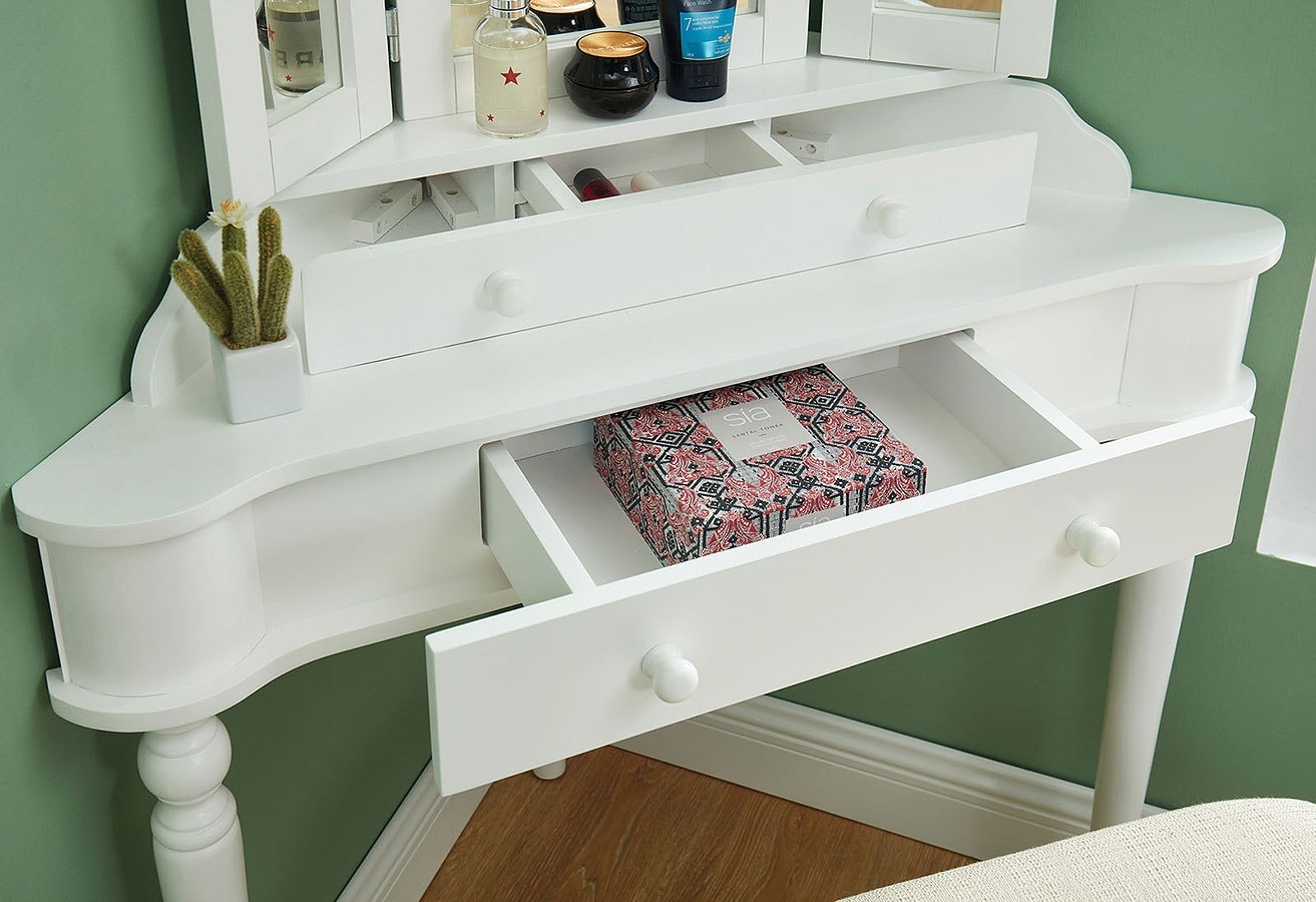Kasey Wood Storage Corner Vanity Dresser w/2 Drawers, Mirror & Stool