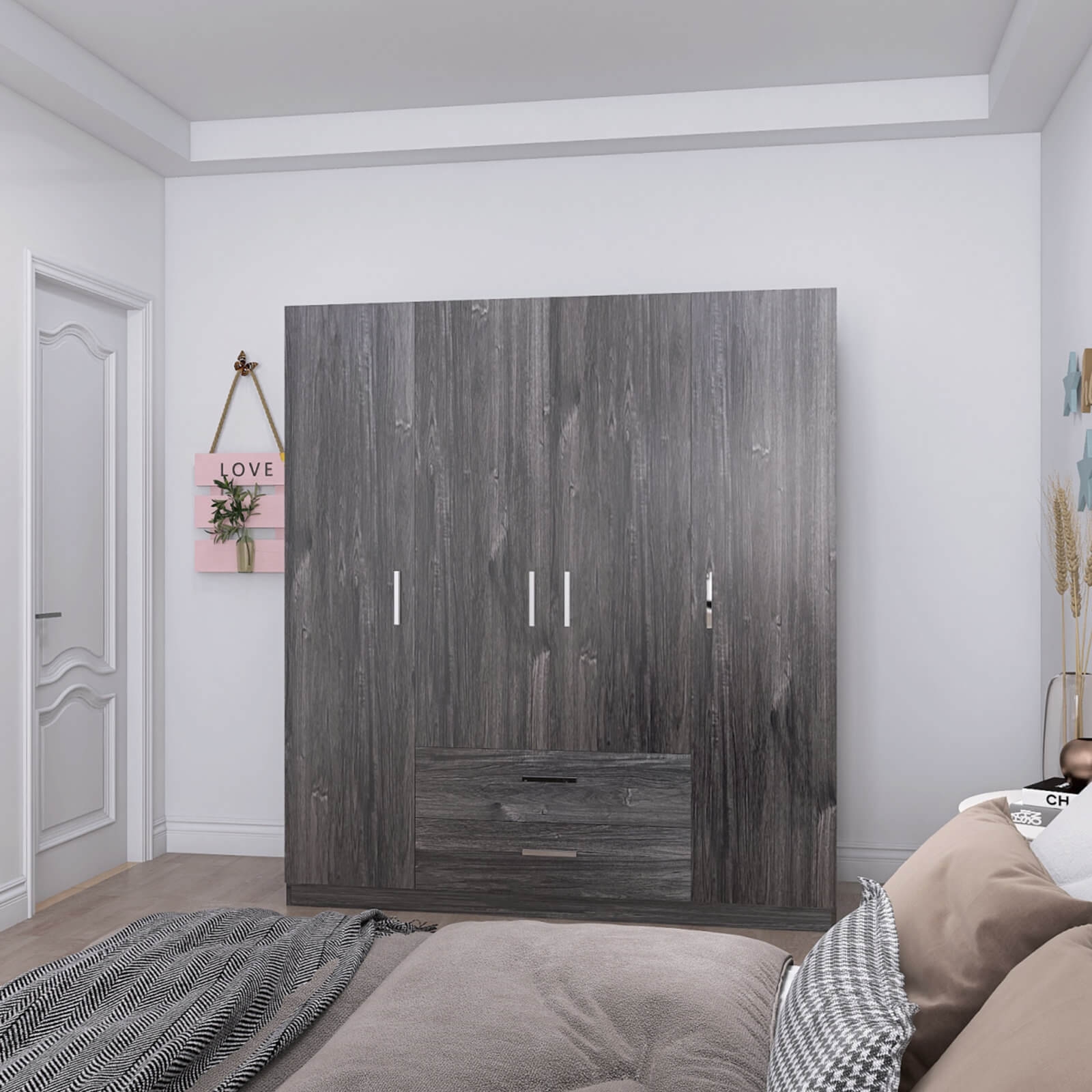 Cambridge Matte 4-Door Wardrobe w/2-Drawer Storage