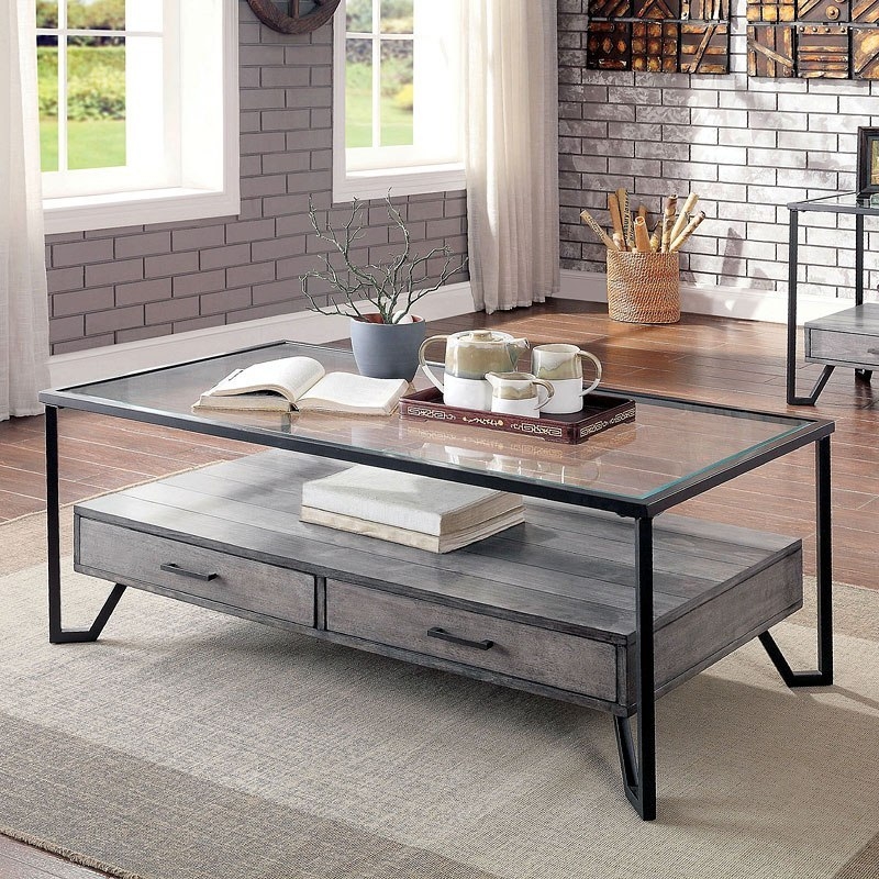 Ponderay Glass/Metal/Wood Storage Coffee Table Set