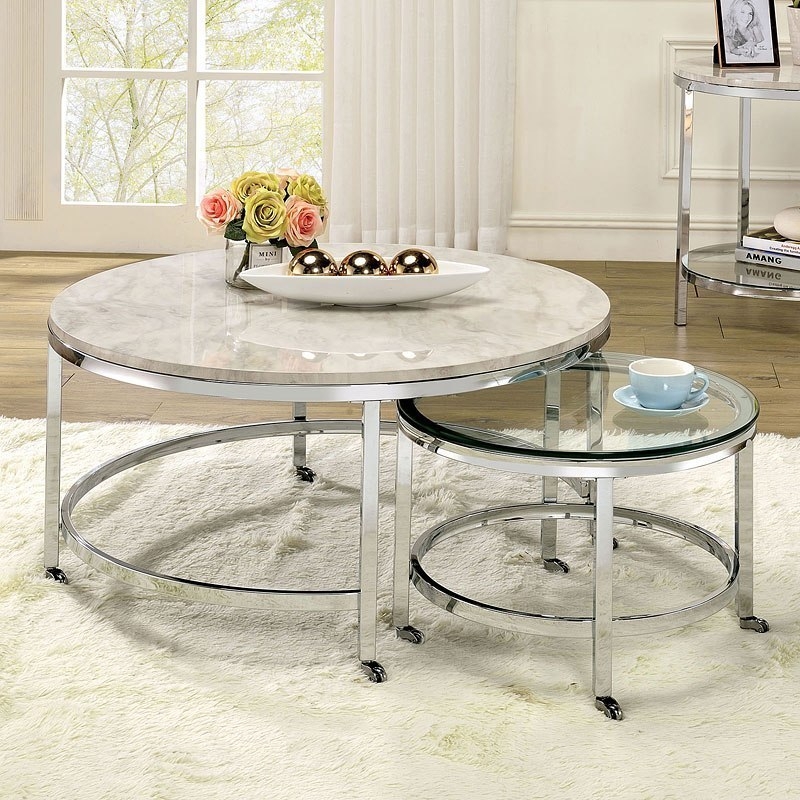 Shauna Faux Marble/Glass/Metal Coffee Table Set w/Nesting Table & Castors