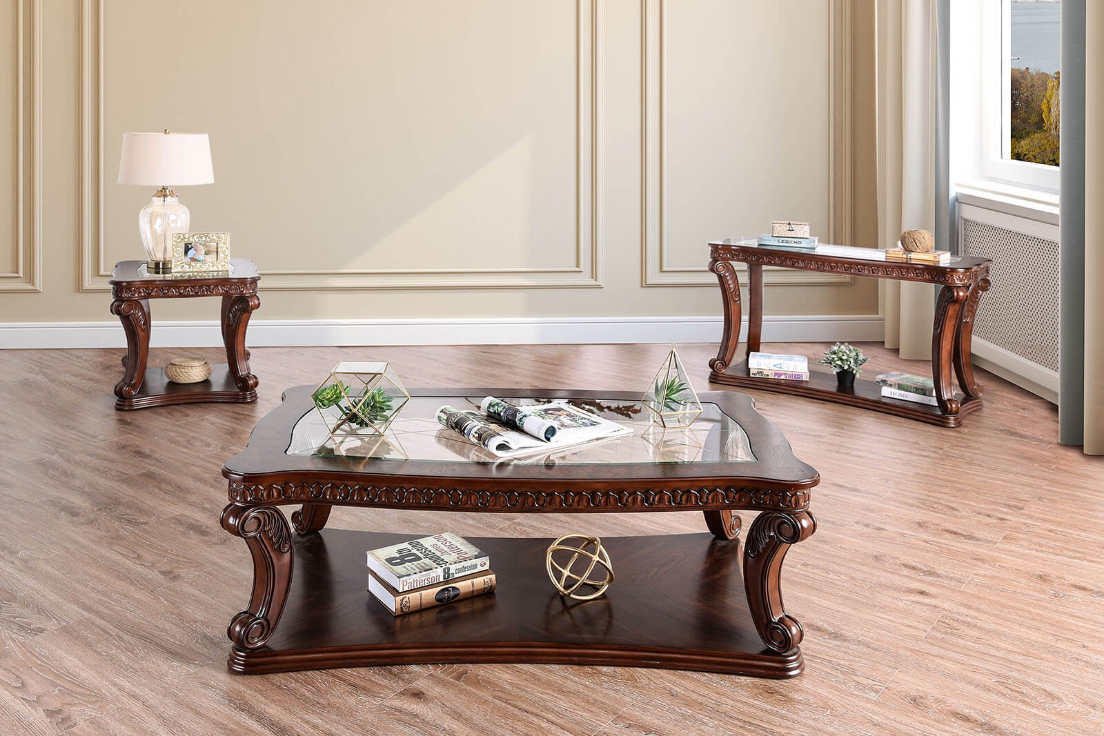 Furniture of America Walworth Glass/Wood Table Set, Dark Oak