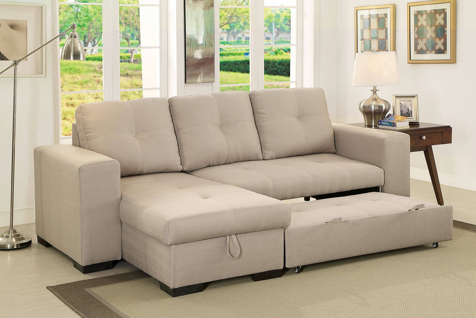 Denton Fabric L-Shape Reversible Sleeper Storage Sectional Sofa