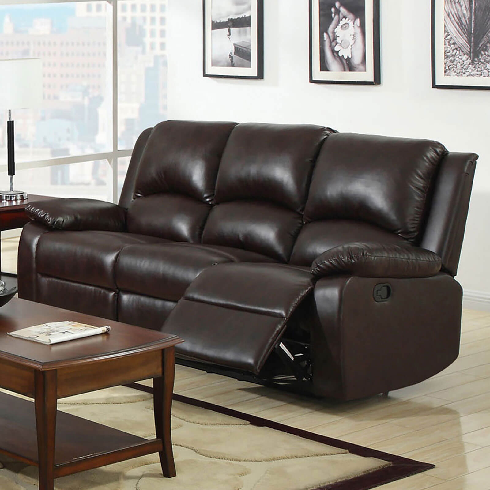 Oxford Leatherette Reclining Sofa w/ Flip-Down Table