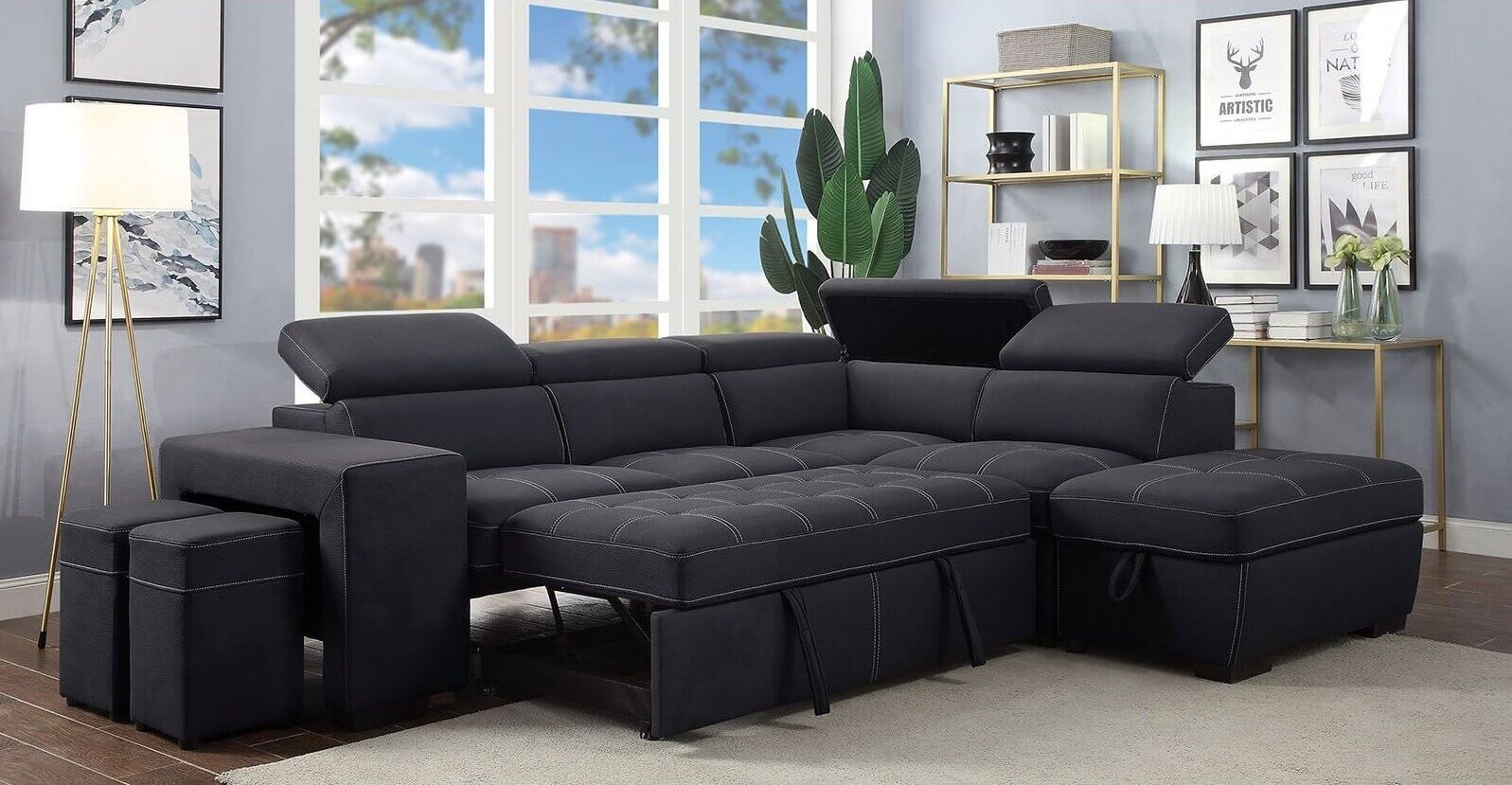 Athene Fabric L-Shape Storage Sleeper Sectional Sofa