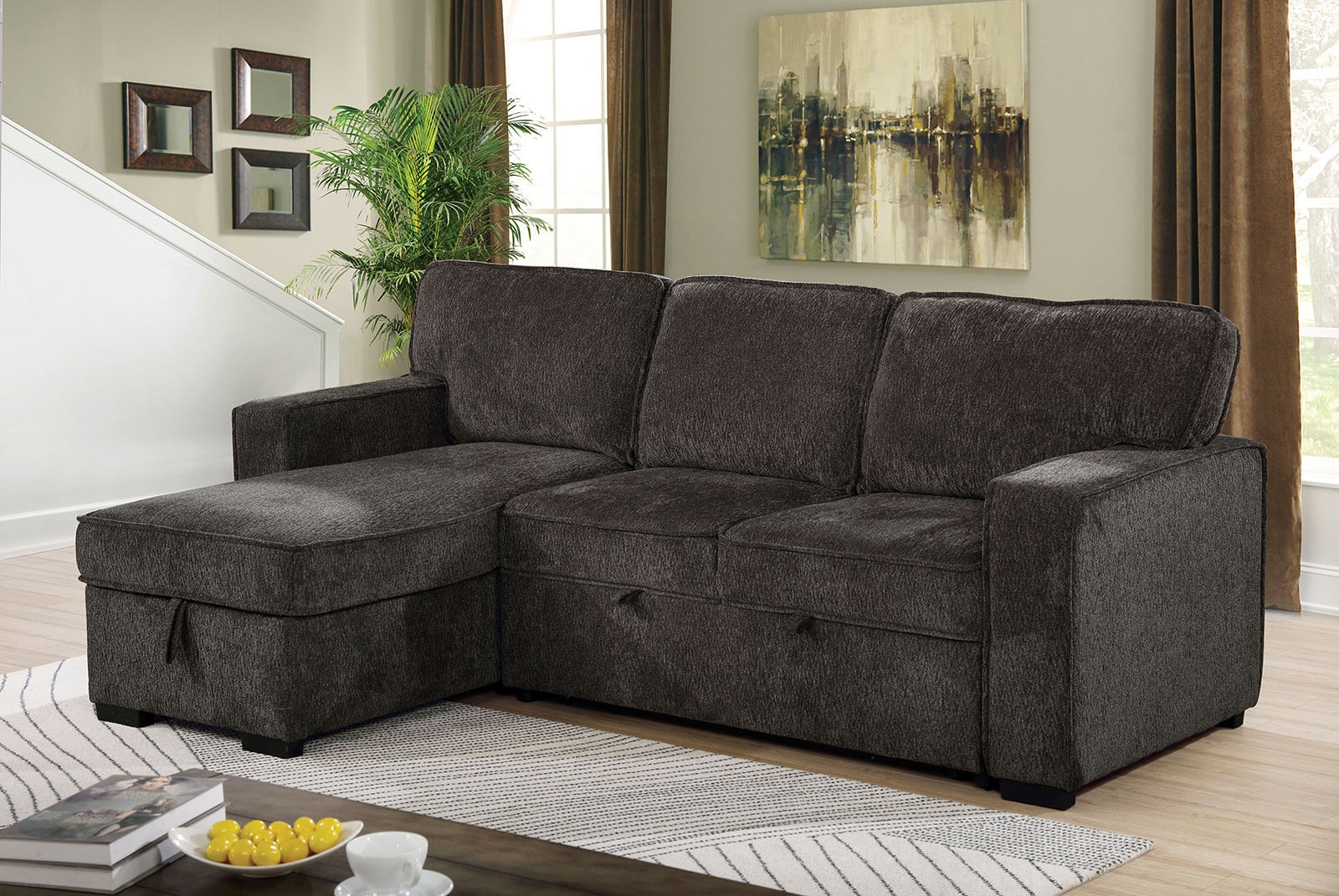 Ines Fabric L-Shape Reversible Sleeper Storage Sectional Sofa