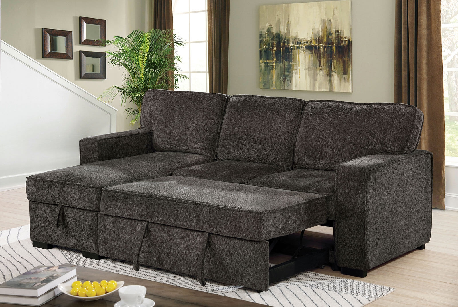 Ines Fabric L-Shape Reversible Sleeper Storage Sectional Sofa