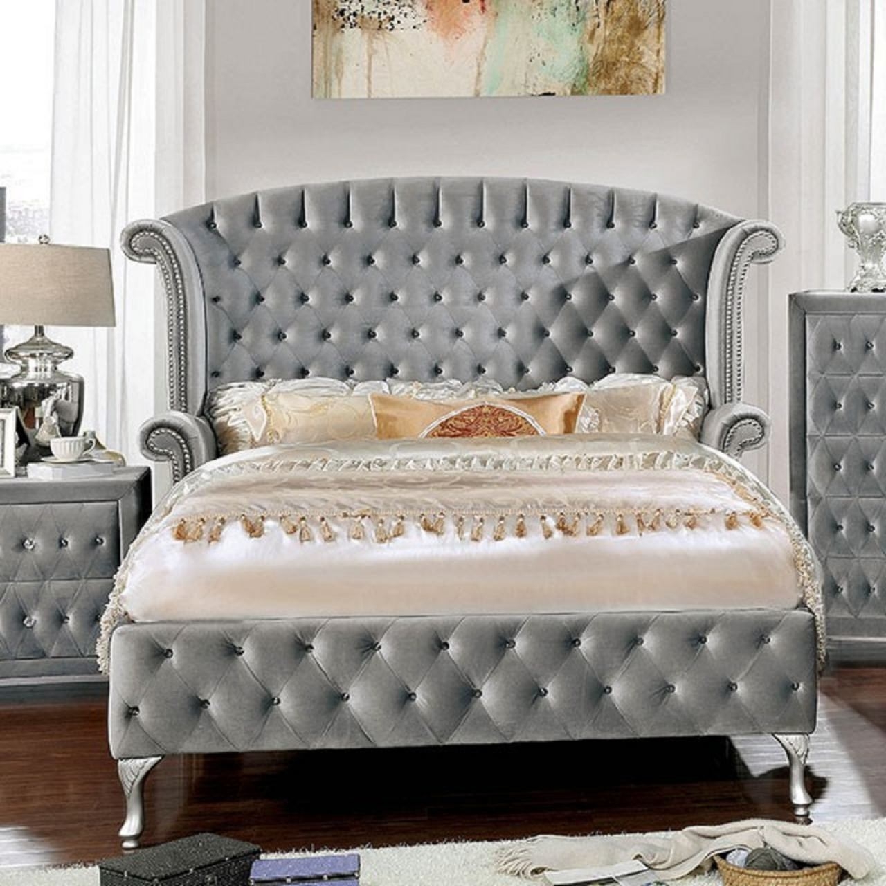 Alzir Fabric/Wood Tufted Panel Bed, Queen Size