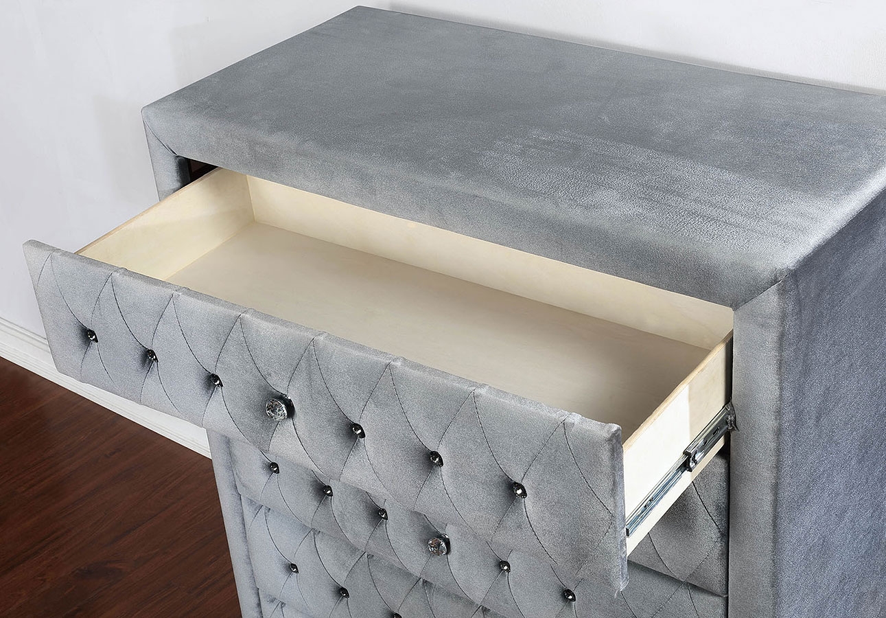 Alzir Fabric/Wood Tufted Chest w/5 Drawers