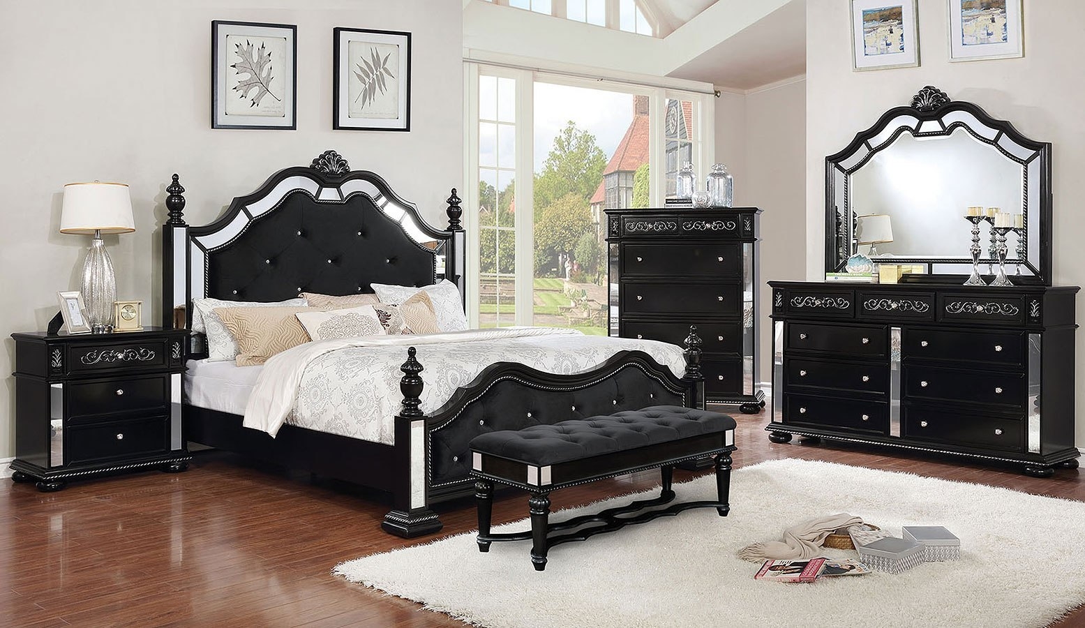 Azha Fabric/Wood Poster Bedroom Set w/Mirror Inserts