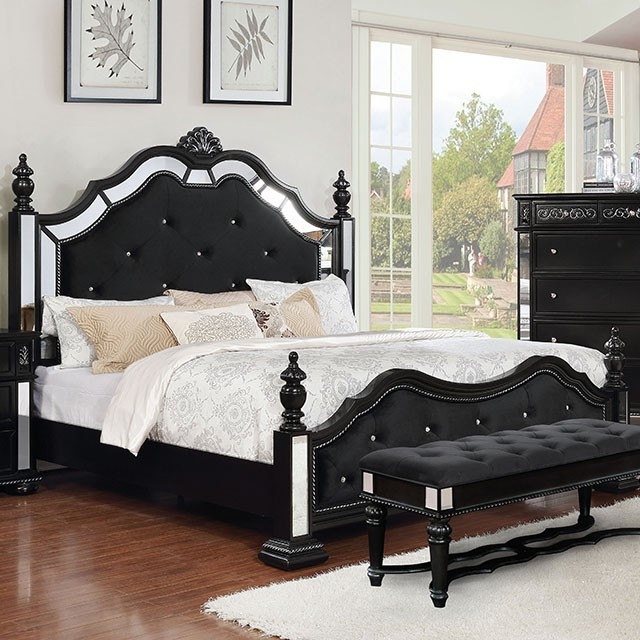 Azha Fabric/Wood Poster Bed w/Mirror Inserts