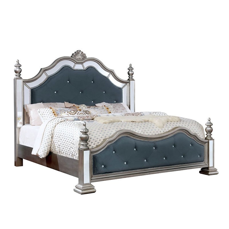 Azha Fabric/Wood Poster Bed w/Mirror Inserts