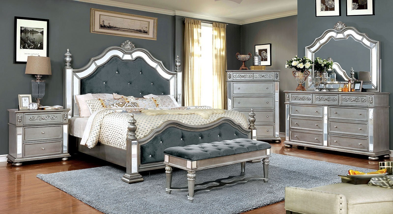 Azha Fabric/Wood Poster Bedroom Set w/Mirror Inserts
