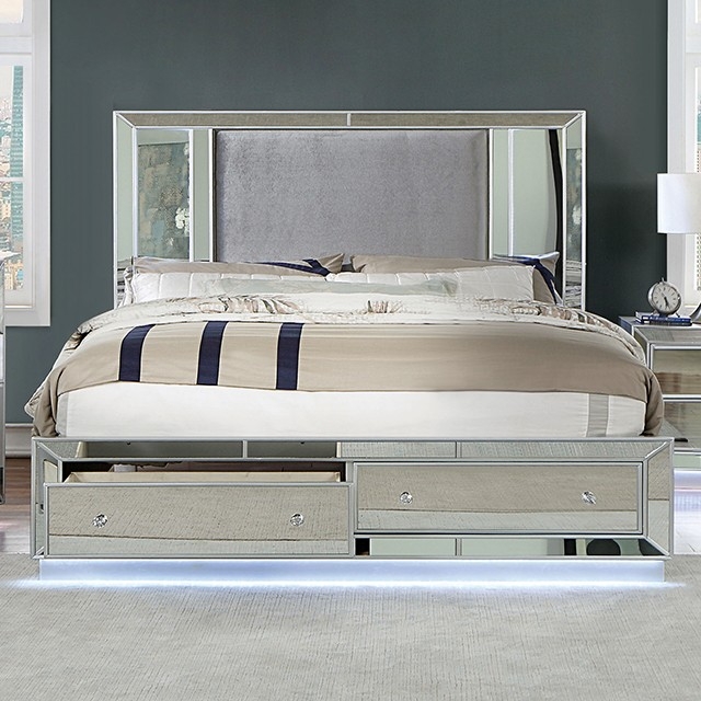 Belladonna Fabric/Mirror/Wood Storage Platform Bedroom Set w/LED Light