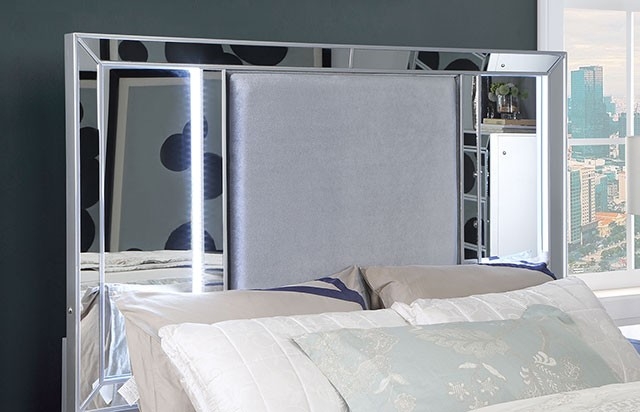 Belladonna Fabric/Mirror/Wood Storage Platform Bed w/LED Light, Queen Size