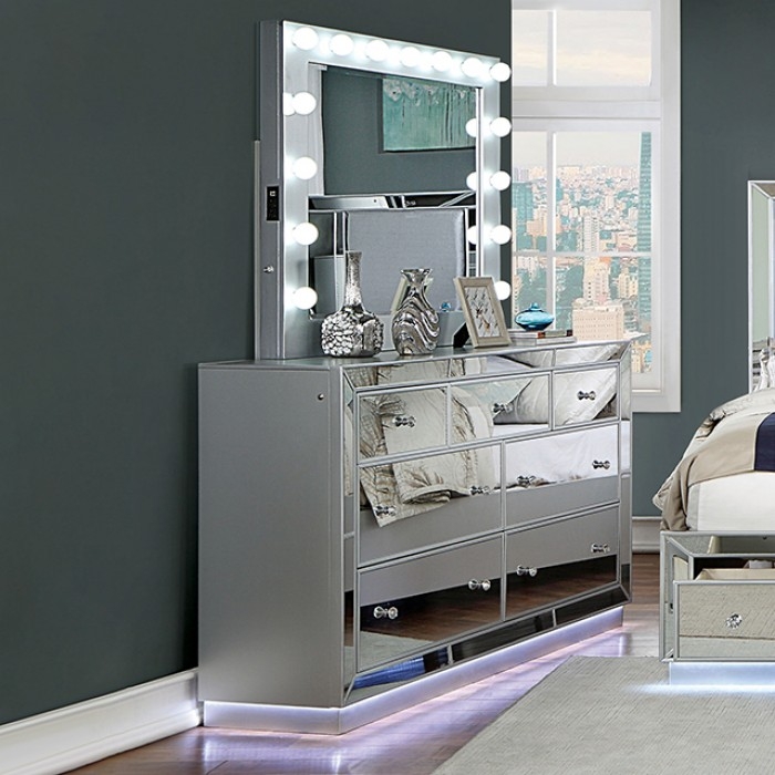 Belladonna Fabric/Mirror/Wood Storage Platform Bedroom Set w/LED Light