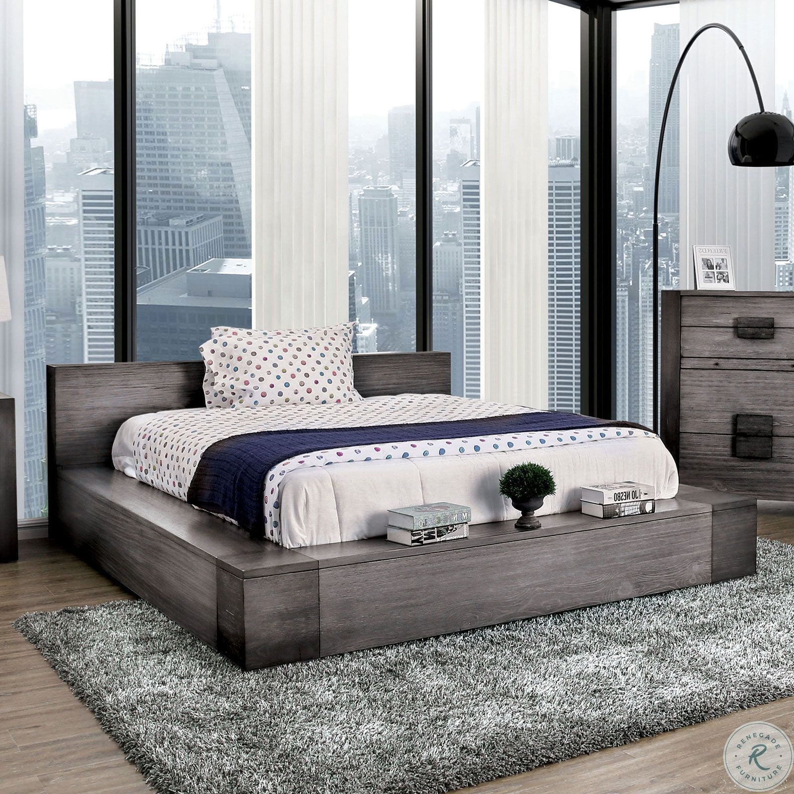 Janeiro Wood Low Profile Platform Bed, Queen Size