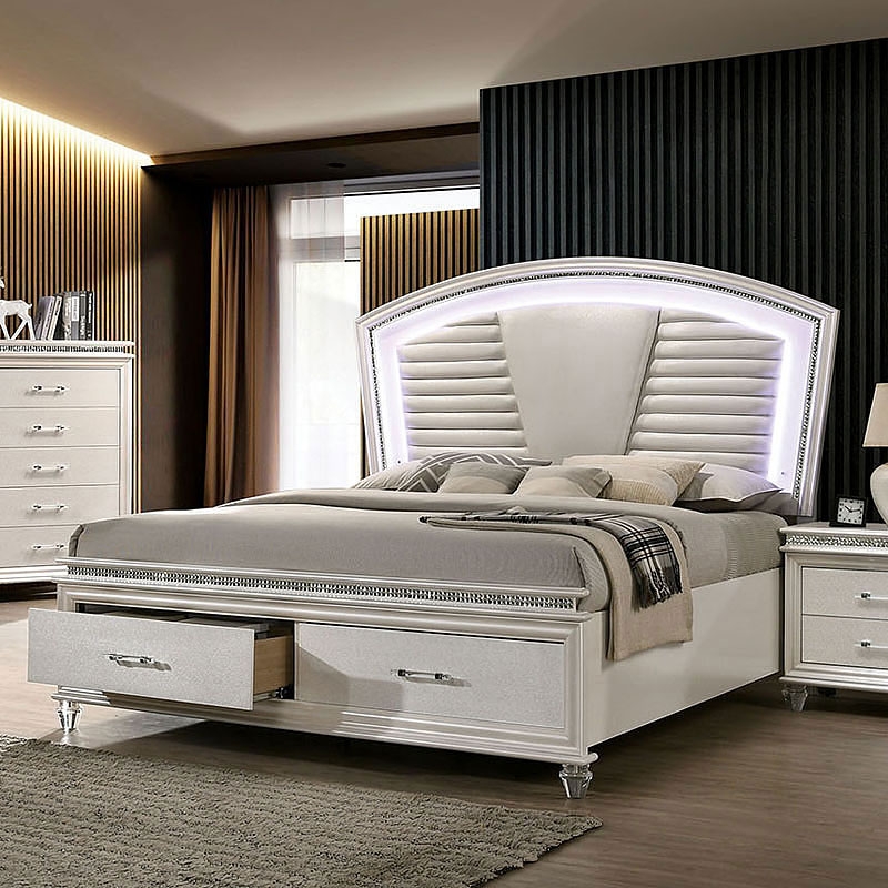 Maddie Leatherette/Wood Platform Storage Bedroom Set w/LED Lights