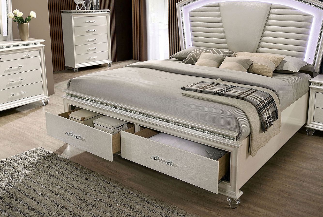 Maddie Leatherette/Wood Platform Storage Bed w/LED Lights, Queen Size