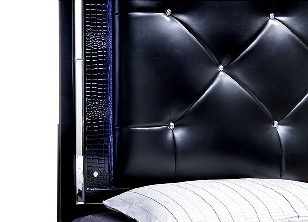 Bellanova Mirror/Leatherette/Wood Tufted Panel Bed w/LED Ligths, Eastern King Size