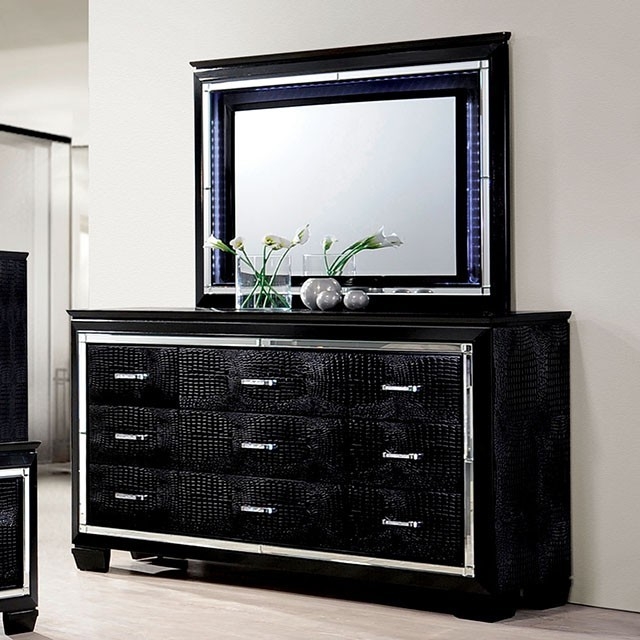 Bellanova Mirror/Leatherette/Wood Tufted Panel Bedroom Set w/LED Ligths