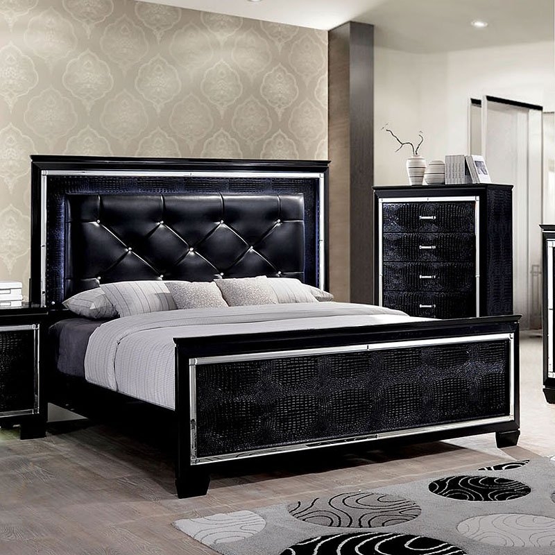 Bellanova Mirror/Leatherette/Wood Tufted Panel Bed w/LED Ligths, Queen Size