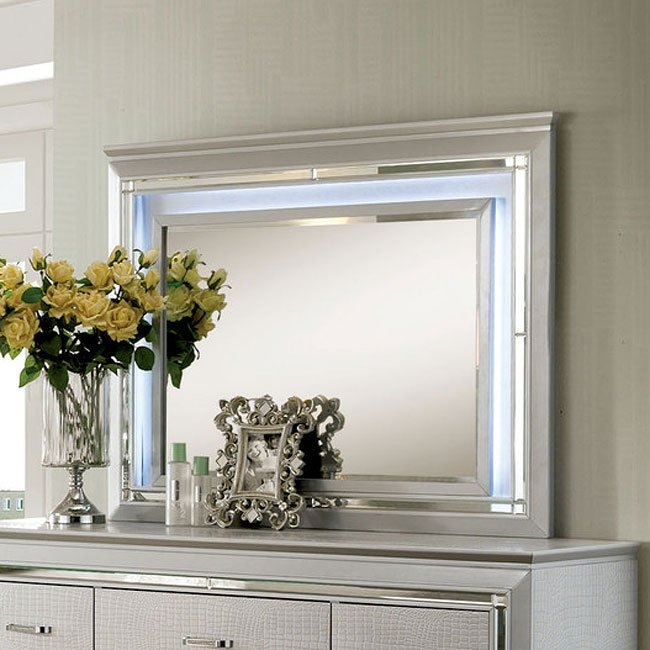Bellanova Mirror/Leatherette/Wood Tufted Panel Bedroom Set w/LED Ligths