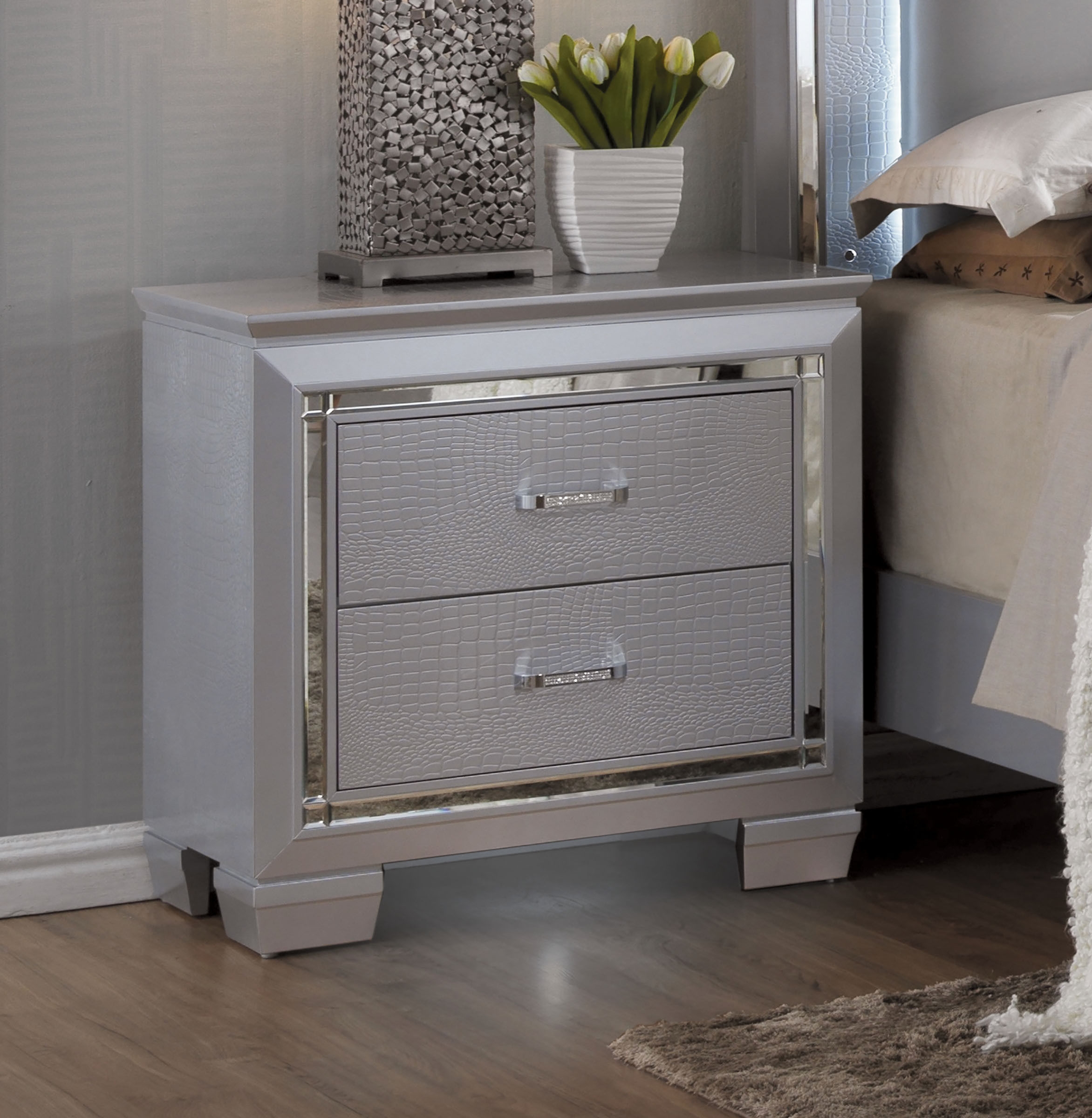 Bellanova Mirror/Leatherette/Wood Nightstand w/LED Light & 2 Drawers