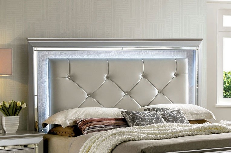 Bellanova Mirror/Leatherette/Wood Tufted Panel Bed w/LED Ligths
