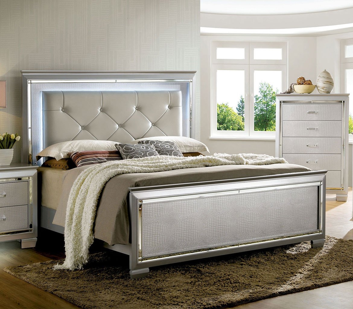 Bellanova Mirror/Leatherette/Wood Tufted Panel Bed w/LED Ligths, Eastern King Size