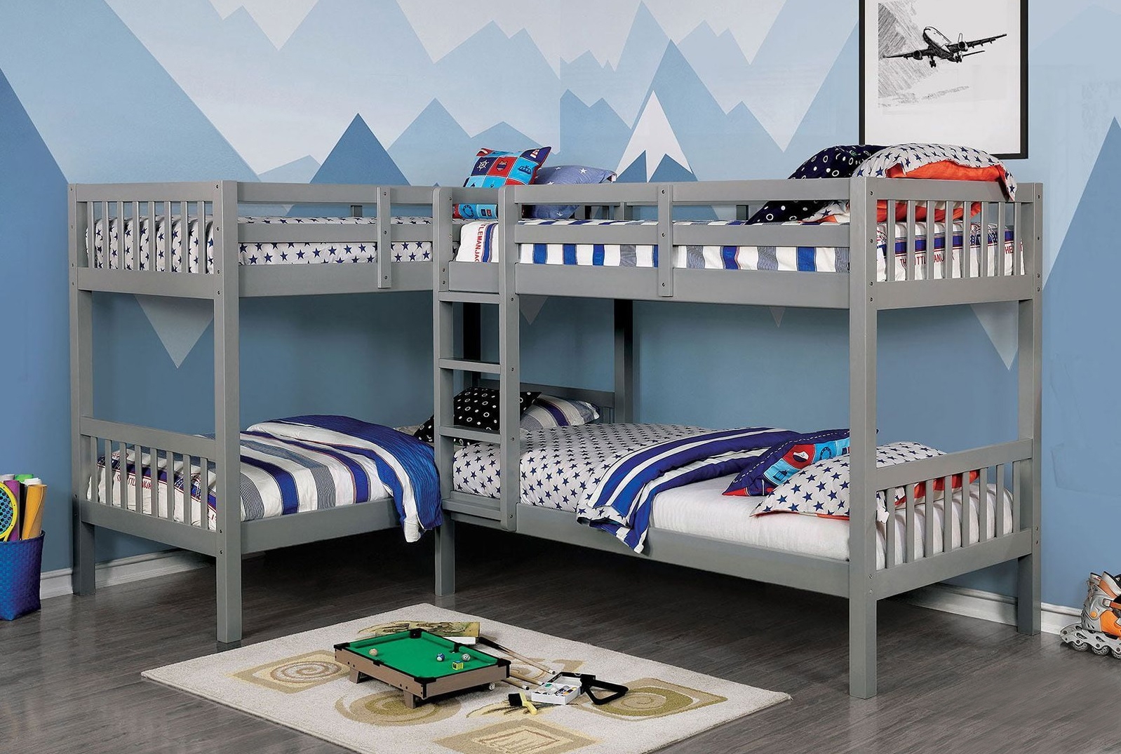 Marquette Wood L-Shaped Quadruple Bunk Bed, Twin Size