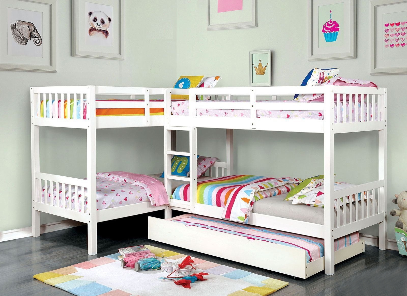 Marquette Wood L-Shaped Quadruple Bunk Bed, Twin Size