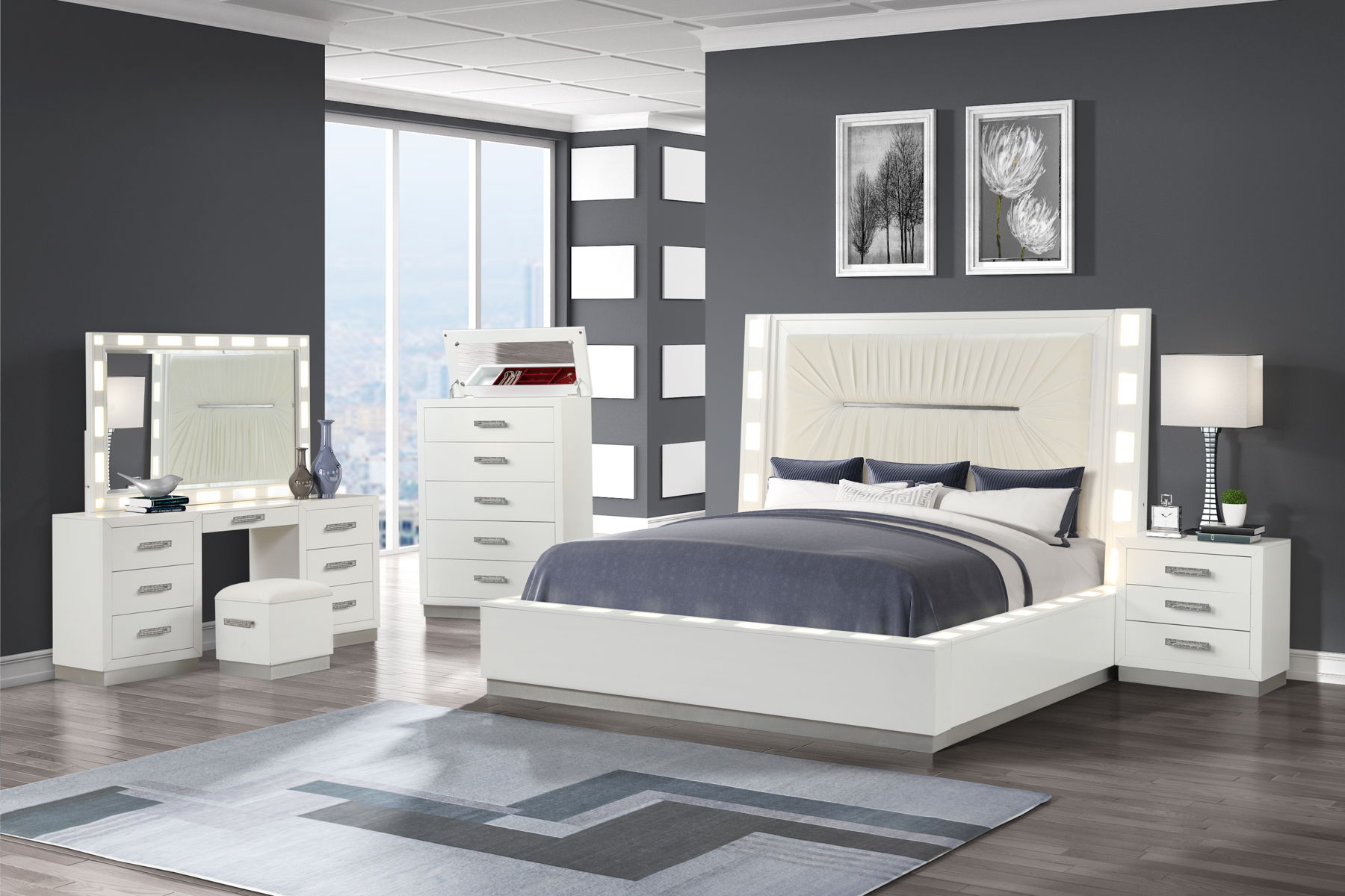 Coco Queen Size Bed with Plush Upholstered Headboard & LED Lighting