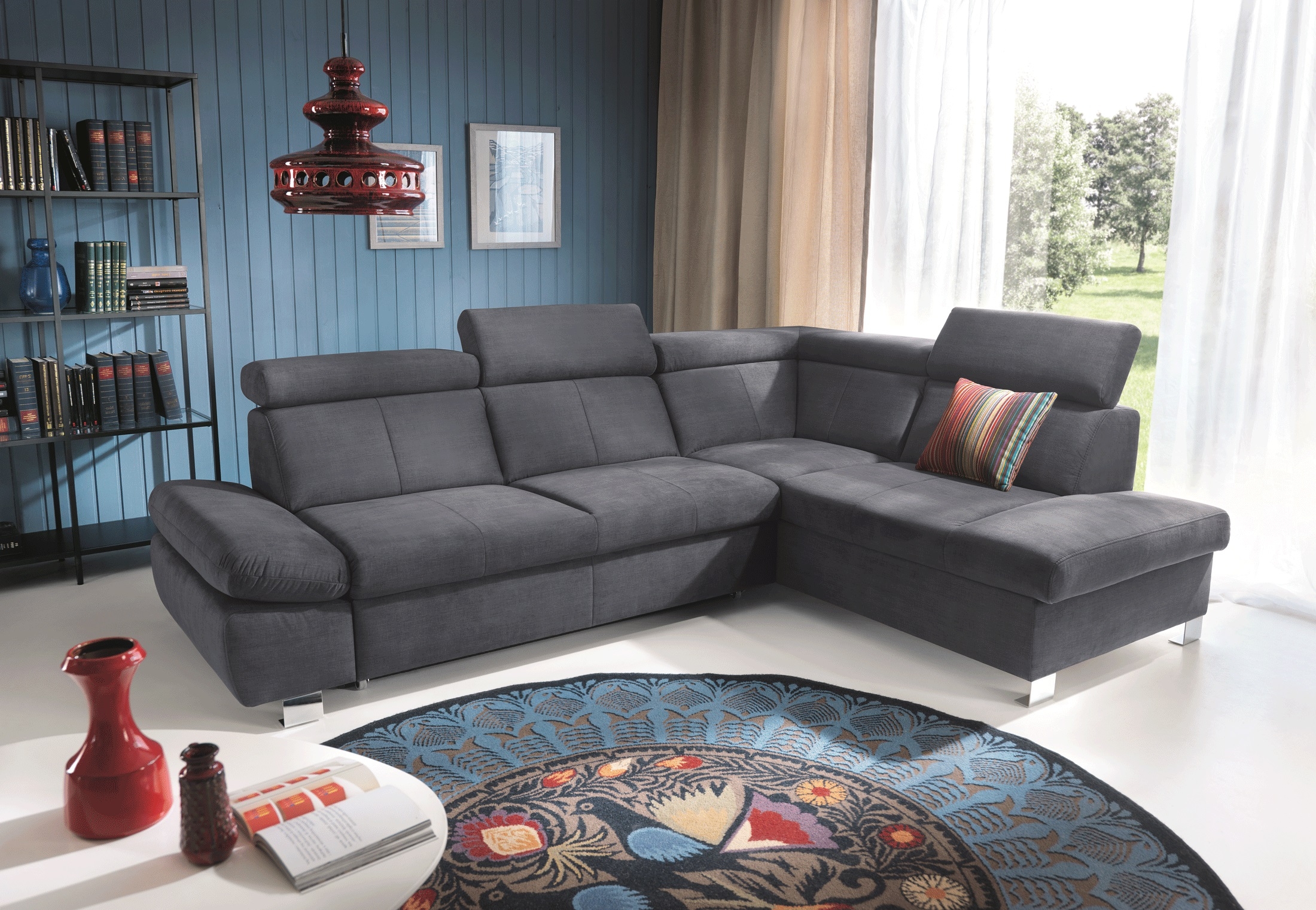 Happy Fabric Sectional Sofa w/Bed and Storage, Right Chaise Facing
