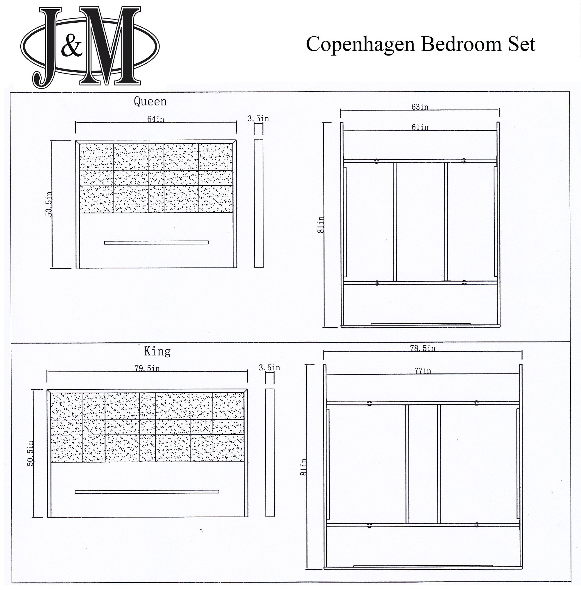 Copenhagen Upholstered Bedroom Set Dimensions