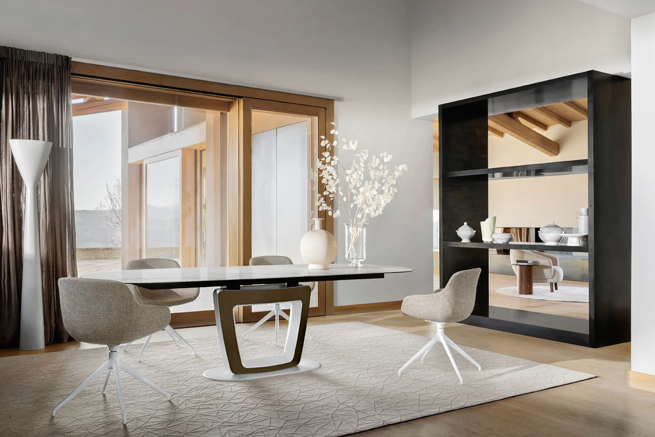 Orbital W65"-100.5" Oval Glass/Metal Pedestal Dining Table