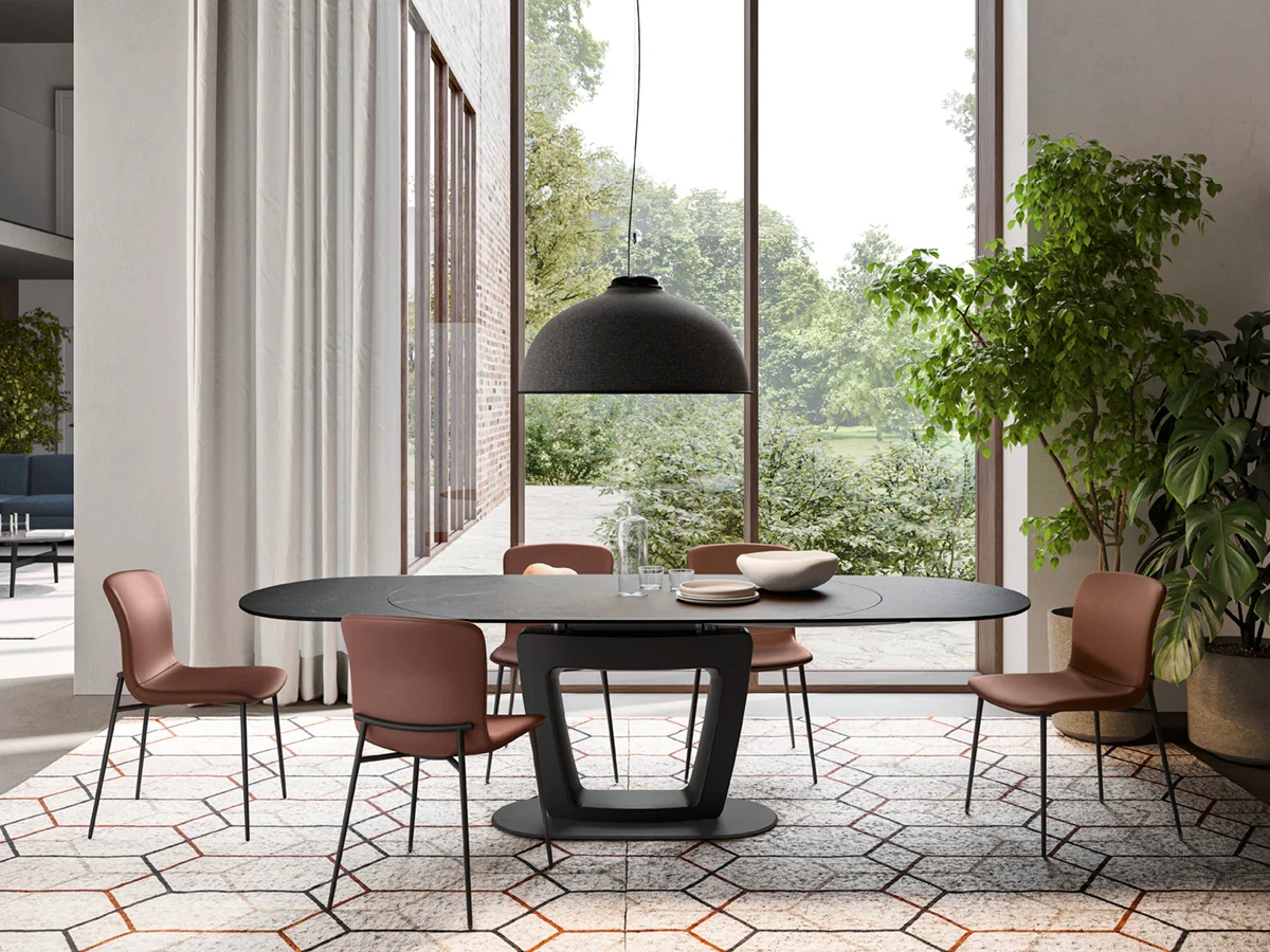 Orbital W65"-100.5" Oval Glass/Metal Pedestal Dining Table