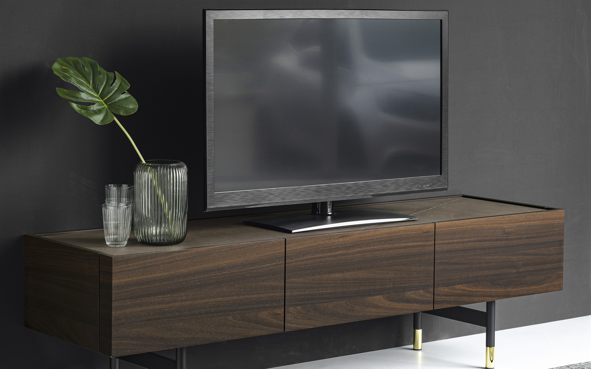 Horizon Ceramic/Wood/Metal Customizable TV Stand w/Door & 2 Drawer & Metal Feet