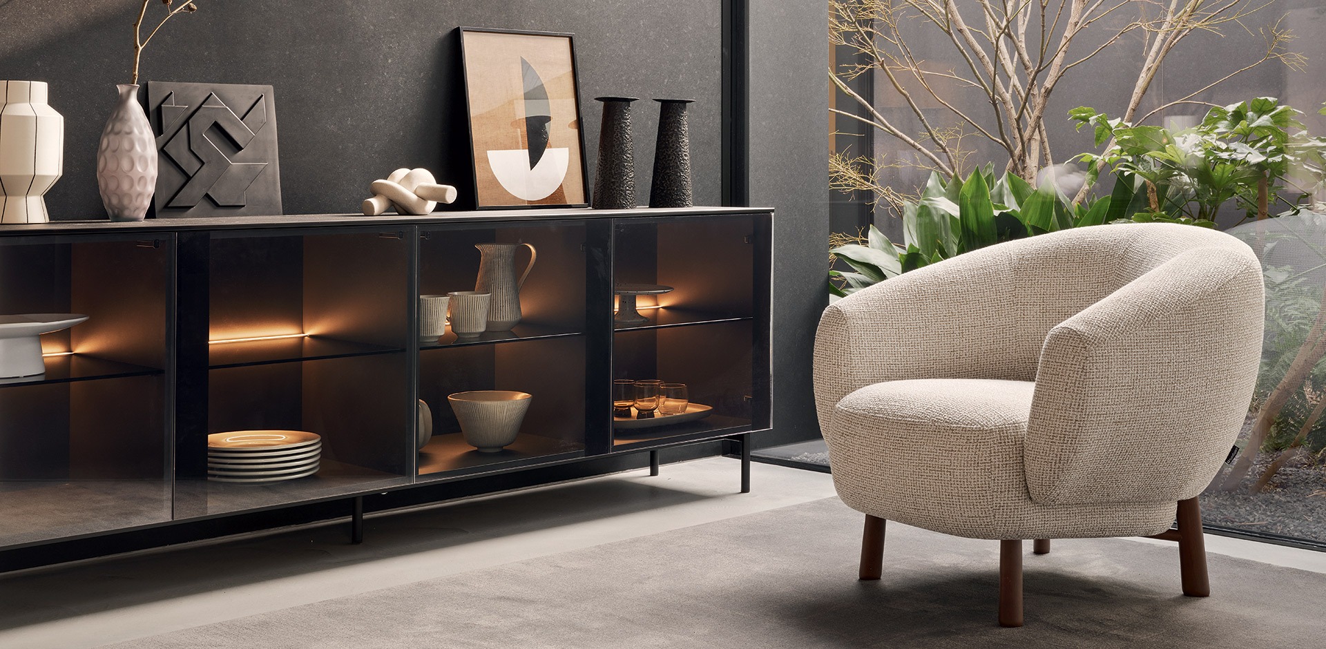 Universal Ceramic/Wood Customizable Sideboard w/4 Glass Doors & Metal Feet