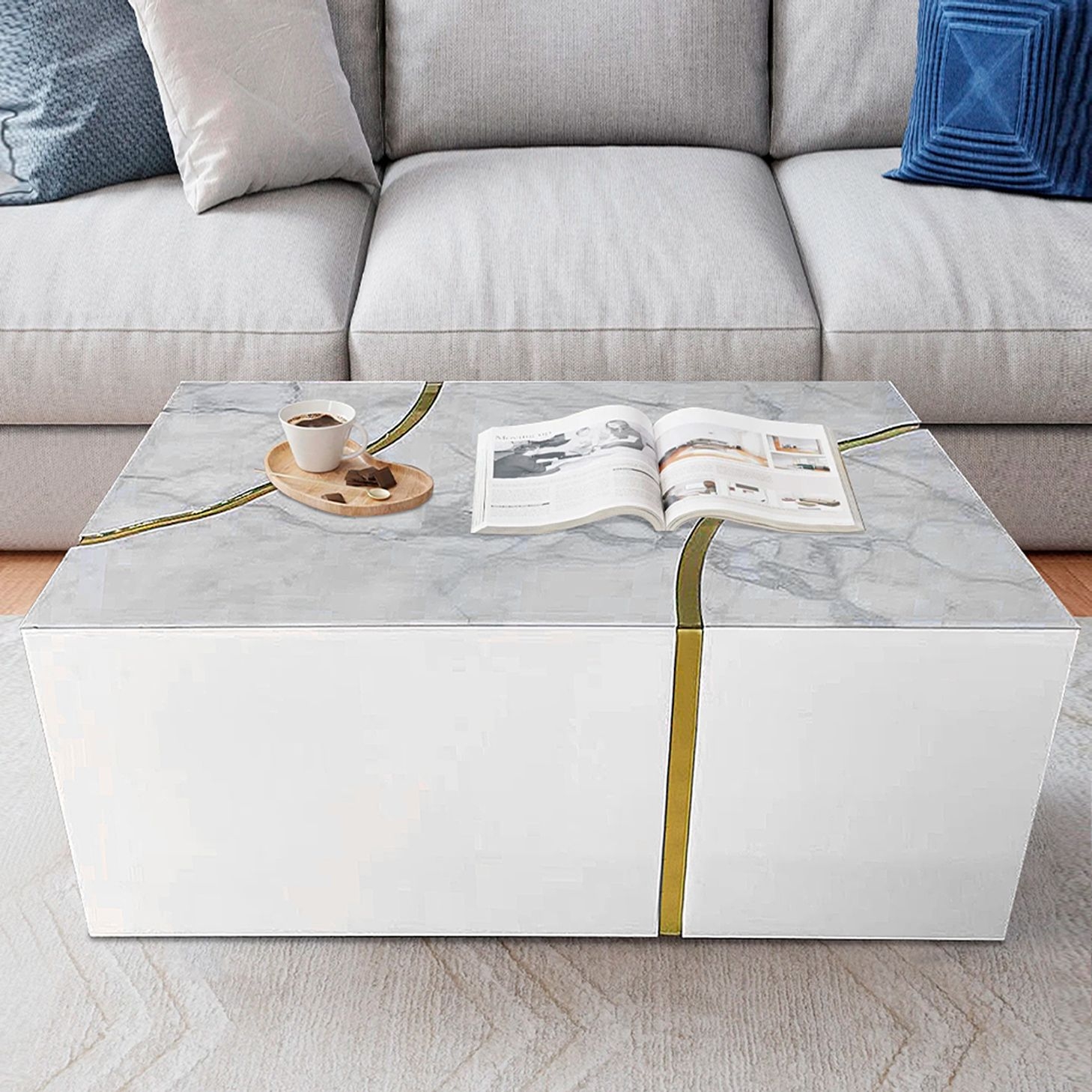 Timeless Rectangular Coffee Table with Marble Accent
