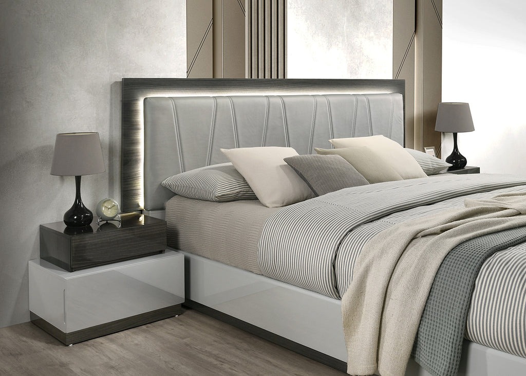 Cube Fabric Queen Size Panel Bed w/LED