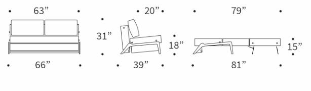Cubed Deluxe Fabric Sofa Bed w/Dark Wood Legs, Queen Size