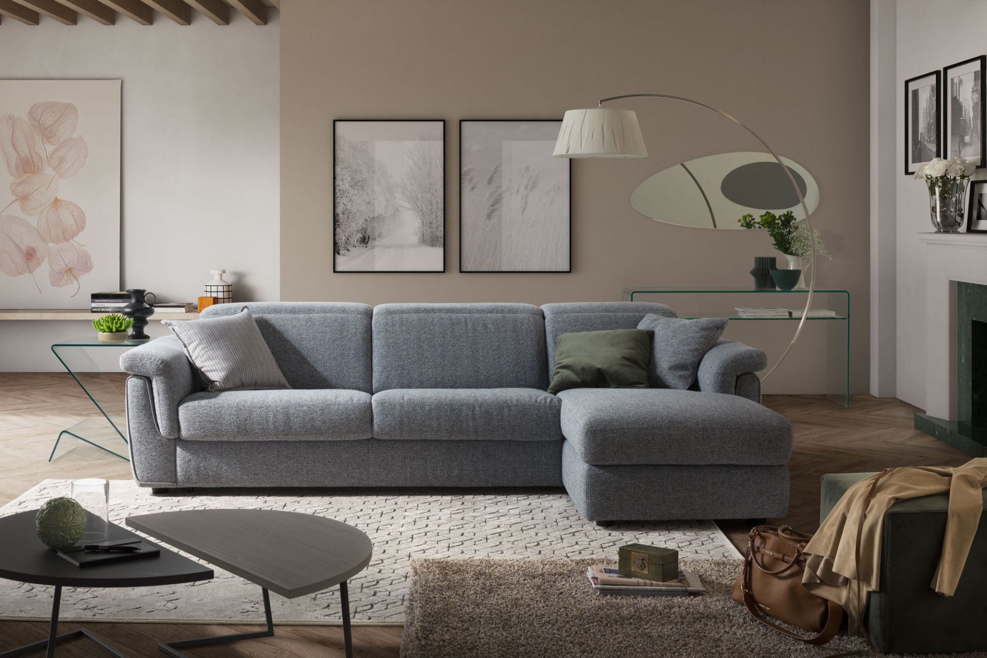 Curioso Fabric/Leather L-Shape Sectional Sofa w/ Storage Chaise Longue & Recliner