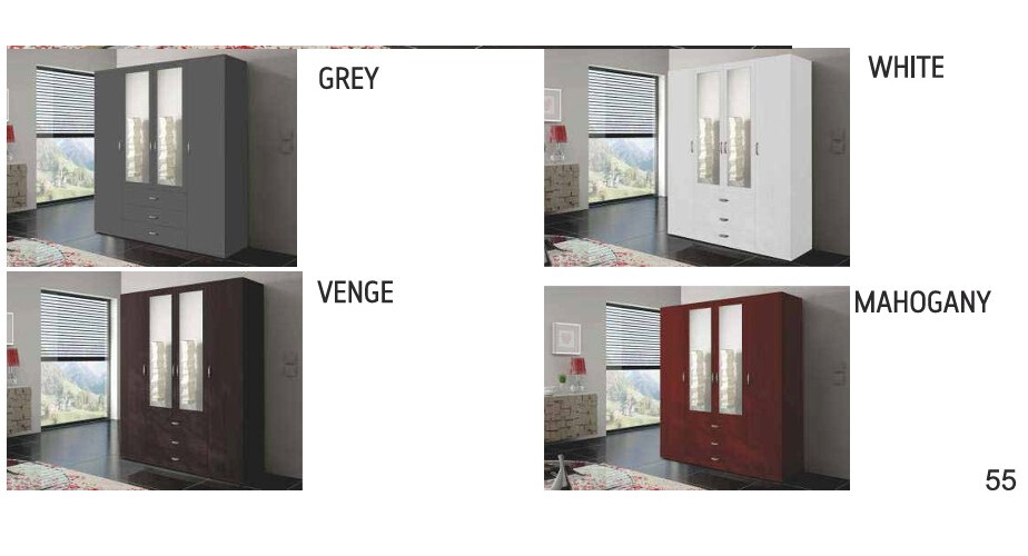 Orlando 71-inch 4-Door Matte Wood Wardrobe with 3 Drawers & Mirrors