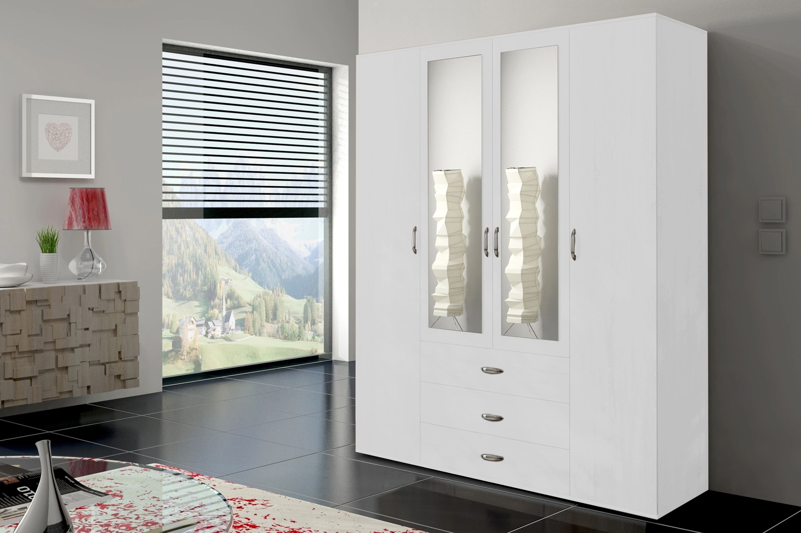 Orlando 71-inch 4-Door Matte Wood Wardrobe with 3 Drawers & Mirrors