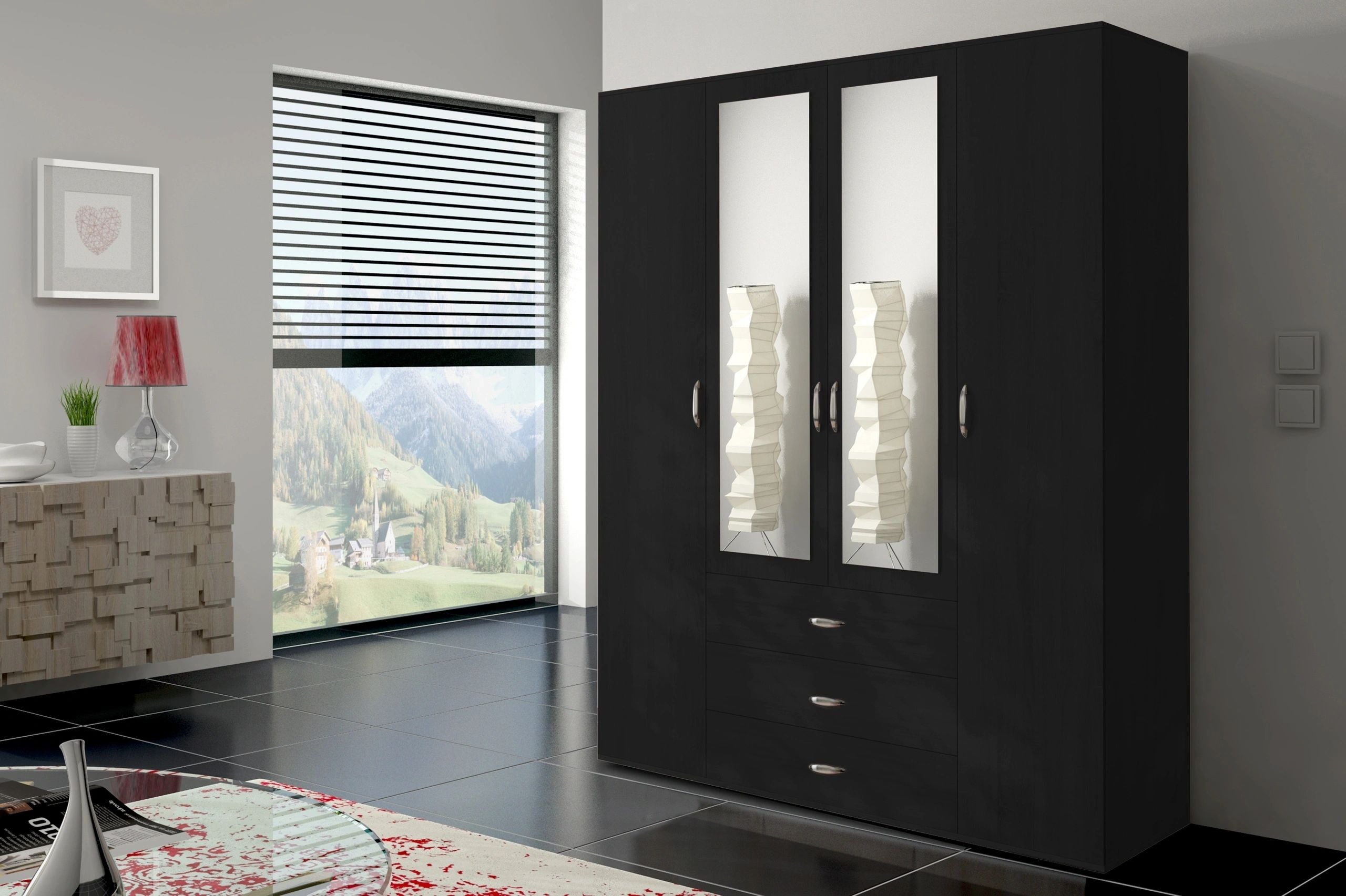 Orlando 71-inch 4-Door Wood Wardrobe with 3 Drawers & Mirrors