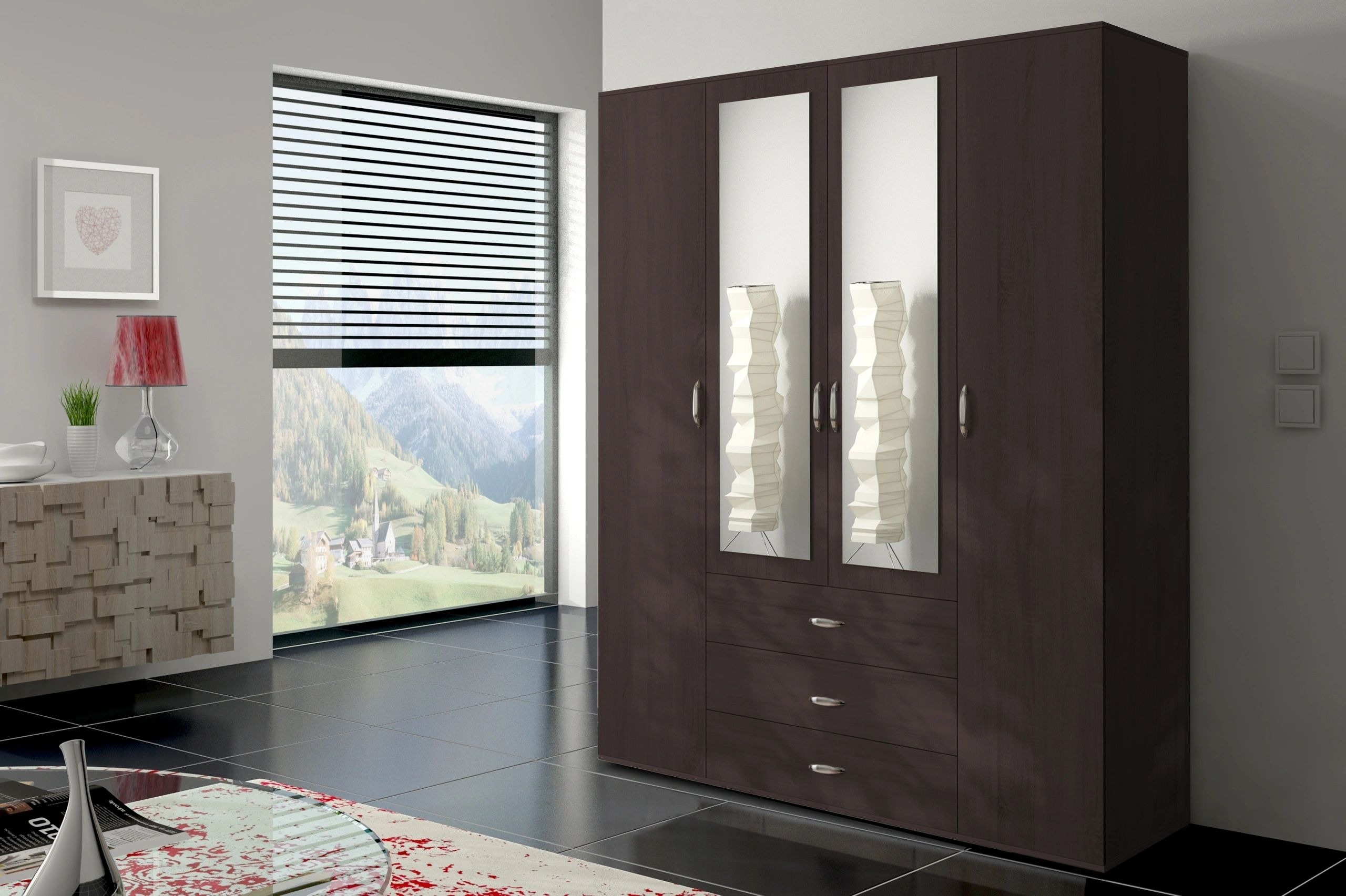 Orlando 71-inch 4-Door Matte Wood Wardrobe with 3 Drawers & Mirrors