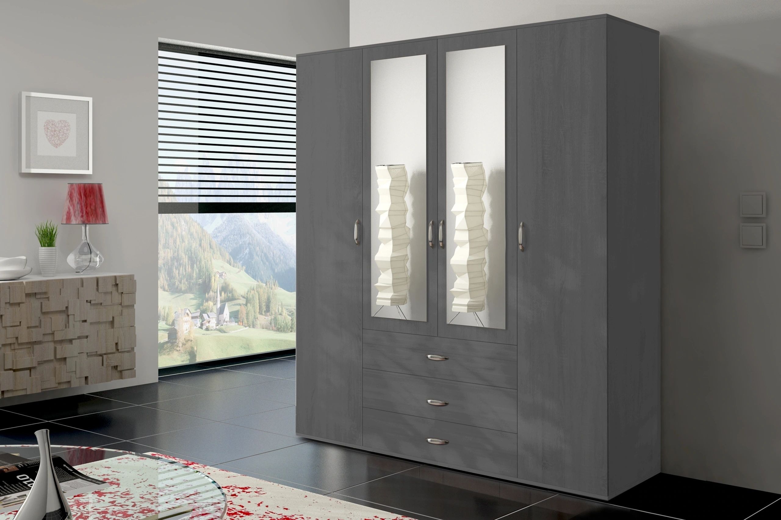 Orlando 71-inch 4-Door Matte Wood Wardrobe with 3 Drawers & Mirrors