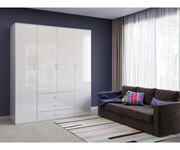 Orlando 71-inch 4-Door Glossy Wood Wardrobe with 3 Drawers