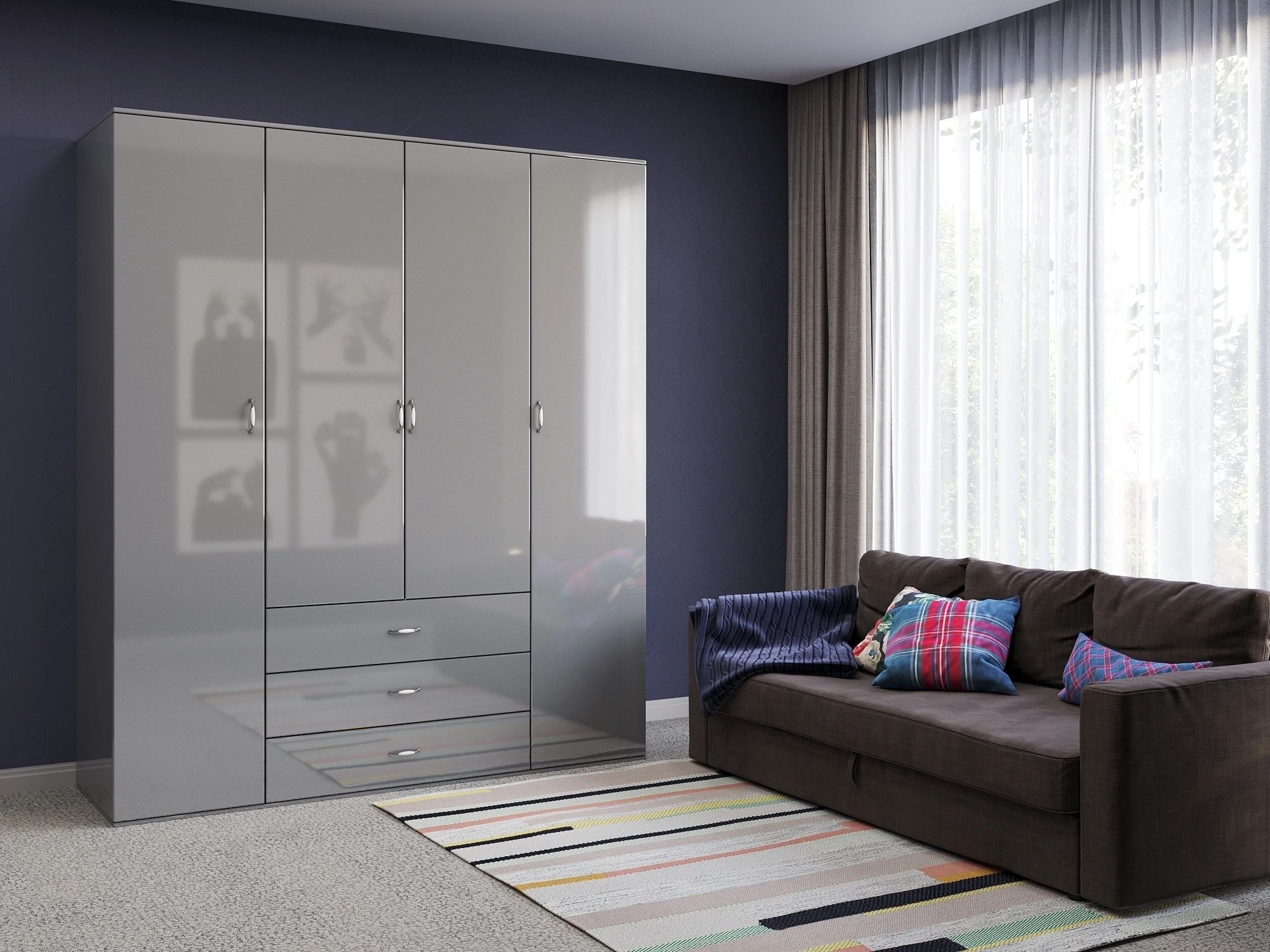 Orlando 71-inch 4-Door Glossy Wood Wardrobe with 3 Drawers