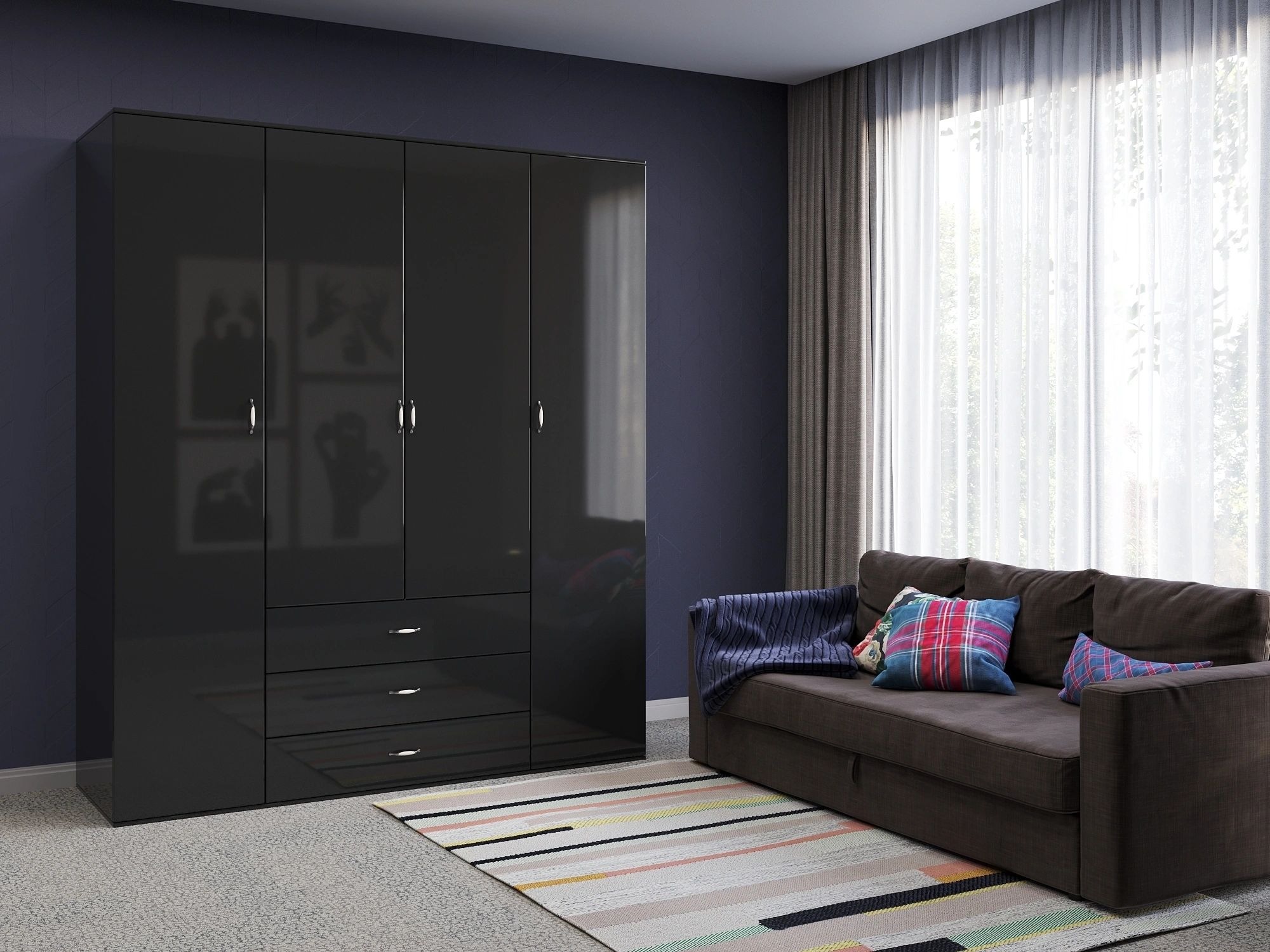 Orlando 71-inch 4-Door Glossy Wood Wardrobe with 3 Drawers